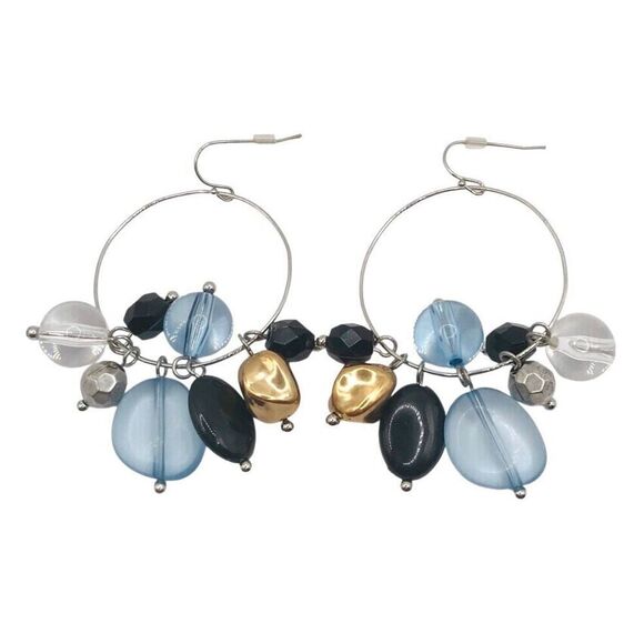 Black and Blue Beaded Cluster Dangle Earrings - Picture 1 of 6